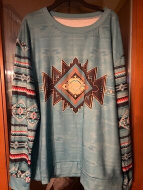 Women’s Southwestern Aztec Print Pullover - Teal Blue size xl